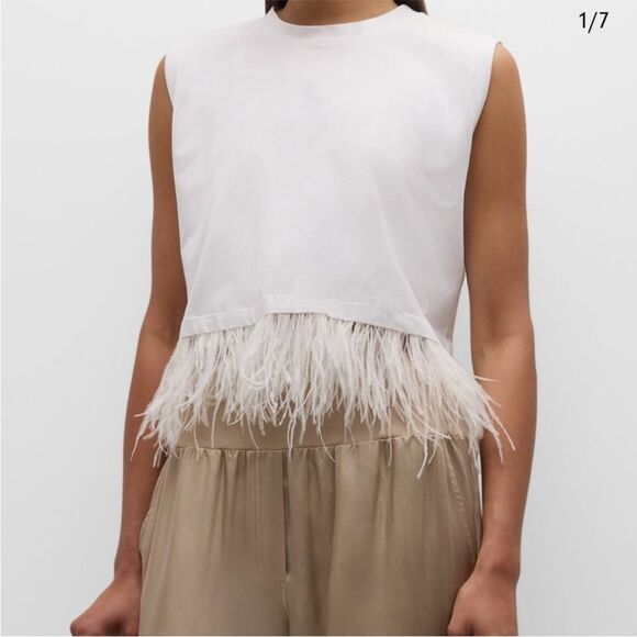 White Cinq a Sept feather trimmed top. - Picture 1 of 4